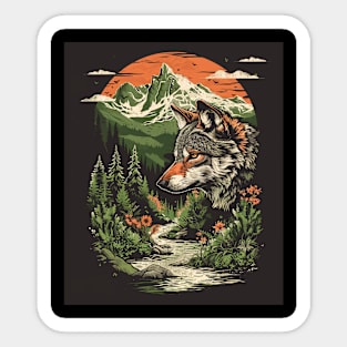 Majestic Wilderness: Lone Wolf and Mountain Landscape Tee for her for him Sticker